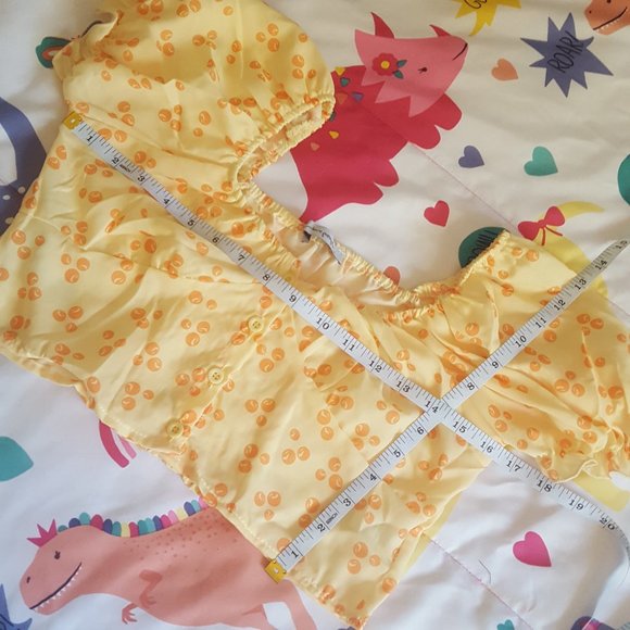 yellow orange bubble print ruched sweetheart neck short puff sleeve crop top - Picture 4 of 7